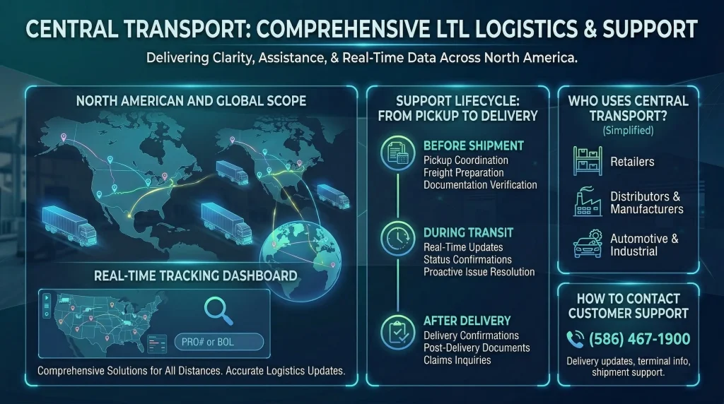 A digital dashboard infographic titled 'Central Transport: Comprehensive LTL Logistics & Support'. It displays a North American map, a tracking dashboard search bar, a timeline showing the support lifecycle (before shipment, during transit, after delivery), a list of industries served, and customer support contact information.