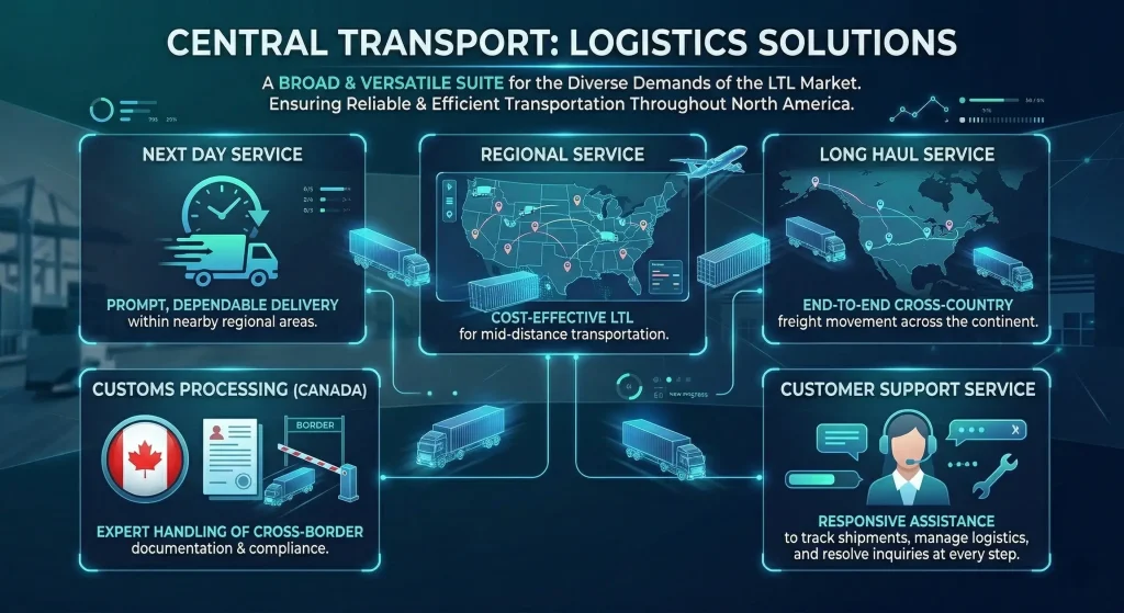 A digital, tech-themed infographic outlining Central Transport's logistics solutions. It features five interconnected panels detailing Next Day Service, Regional Service, Long Haul Service, Customs Processing for Canada, and Customer Support Service.